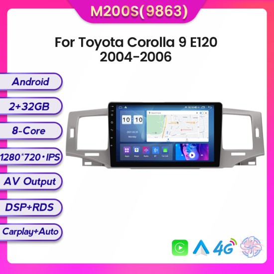  Toyota Corolla 9 E120 2004-2006 Android Head Unit with free wireless Apple Car Play